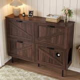 thumbnail of Schmaler Schuhschrank 28x120x92 cm mit 3 Klappen, Katzenspielzeug und Walnussfurnier für Stauraum und stilvolle Aufbewahrung