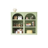 thumbnail of Wandvitrine Metall Glas Grün 60x70x23 cm mit zwei Glastüren und 3 Ebenen, geflochtene Optik, flexibel als Wand oder Standvitrine