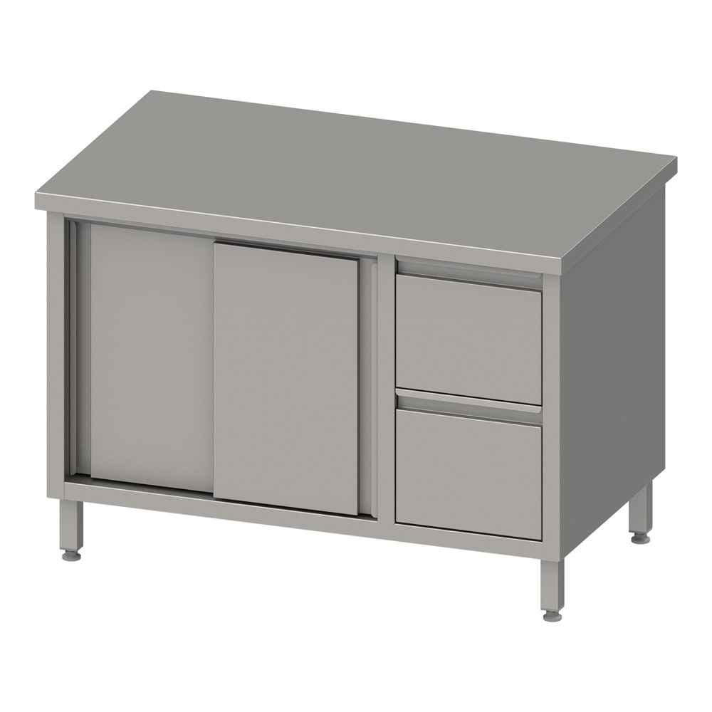 Werkkast met schuifdeuren, 1600x600x850 mm, met 2 laden rechts, zonder opstand, gelast