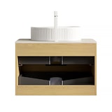 thumbnail of Badezimmer-Waschtisch 62×75×46 cm mit ovalem Keramikwaschbecken, Travertin-Sintersteinplatte, Eichenholz-Schrank mit 2 Schubladen, Beige
