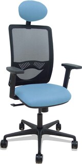 thumbnail of Silla Zulema sincro malla negra asiento bali azul cielo brazos 2D ruedas 65mm cabecero