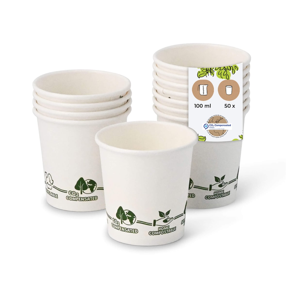 BIOZOYG 50 Stück Kaffeebecher 100ml / 4oz Einwegbecher Pappbecher weiß mit Bedruckung, kompostierbar nachhaltig Espressobecher Trinkbecher Biobecher