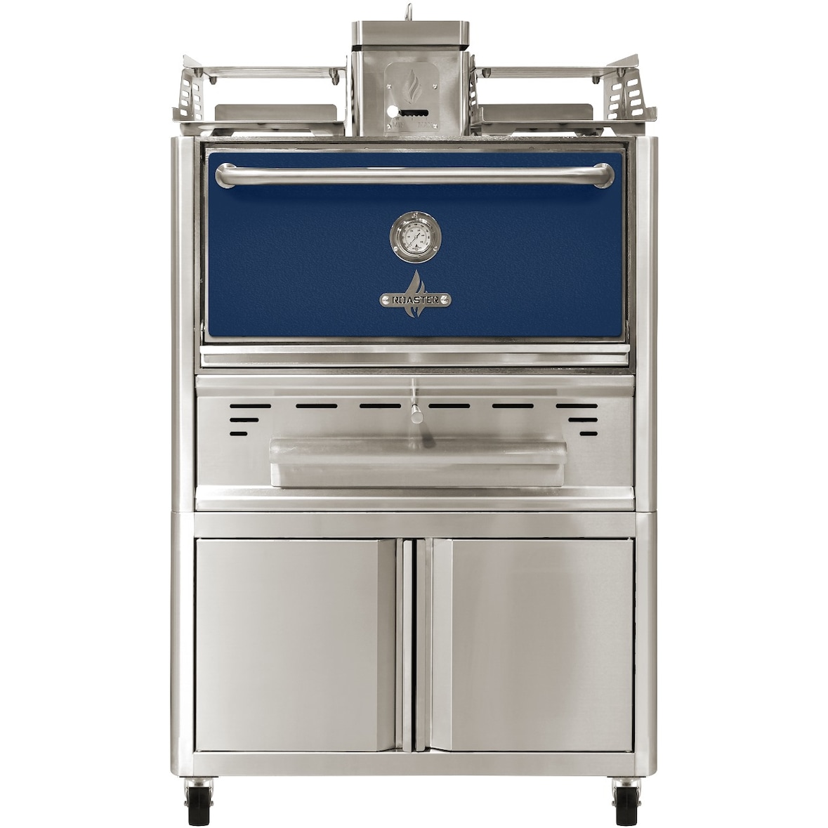 Four à braise aux charbon de bois sur support avec roulettes dimensions  985x777x1685 porte bleu