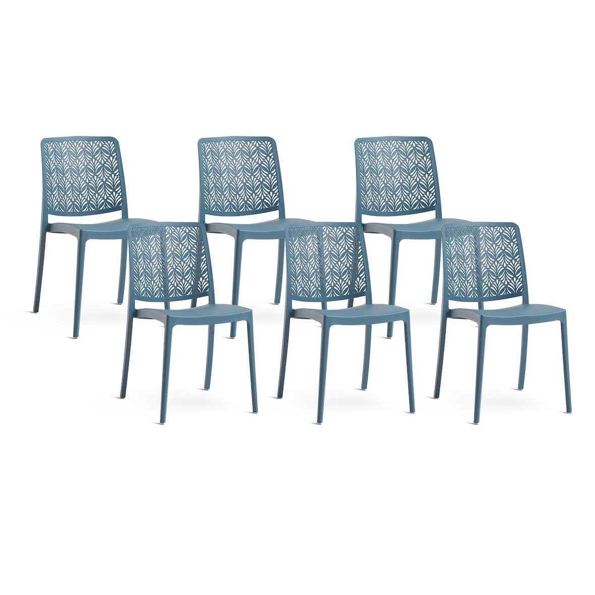 Set van 6 stapelbare stoelen van polypropyleen met glasvezel, voor tuin of binnengebruik, waterafstotend en duurzaam, modern design – YARA/Petrolblauw