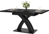thumbnail of Ausziehbarer Esstisch 160x80x76  Schwarz mit schwarz weißer Musterplatte X Querstreben Metallauszug MDF Tischplatte für Küche Wohnzimmer Balkon