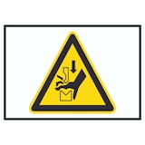 thumbnail of Achtung Quetschgefahr zwischen Werkzeugen einer Presse Symbol A4 Rückseite selbstklebend Schild