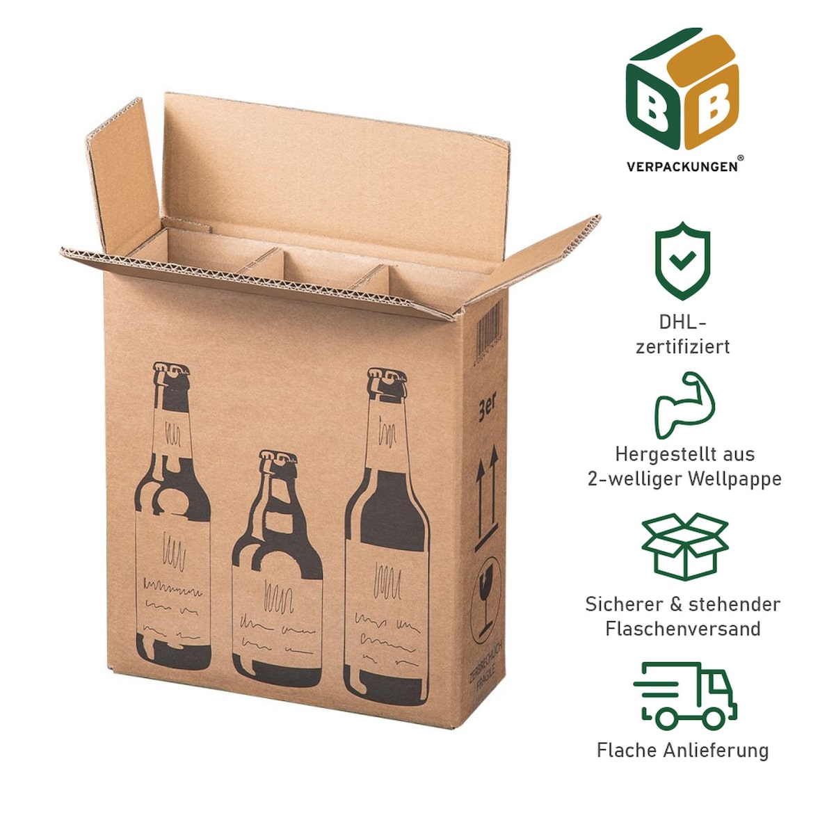 BB-Verpackungen 10 x Bierflaschenversandkarton für 3 Flaschen (255 x 88 x 288 mm) PTZ-Zulassung für DHL