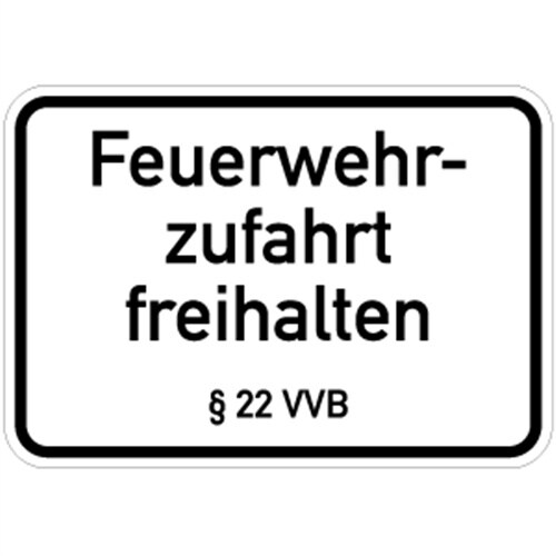 Schild Feuerwehrzufahrt freihalten § 22 VVB, Alu, 500x350 mm