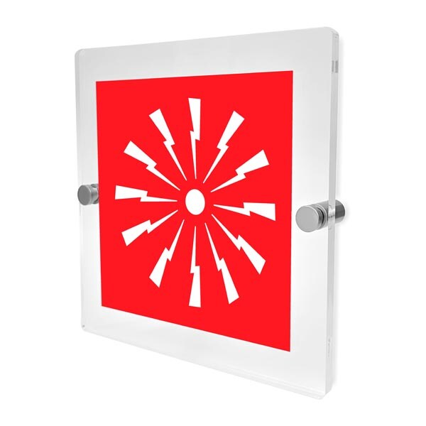 targa in plexi 180x180 mm simbolo allarme antincendio monofacciale, spessore 8 mm, completa di 2 distanziali