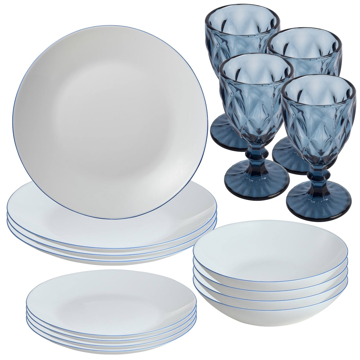 San Ignacio - Juego de Vajilla de 12pcs Blanca con Borde Azul con Juego de 4 Copas de cristal de 250ml Azul