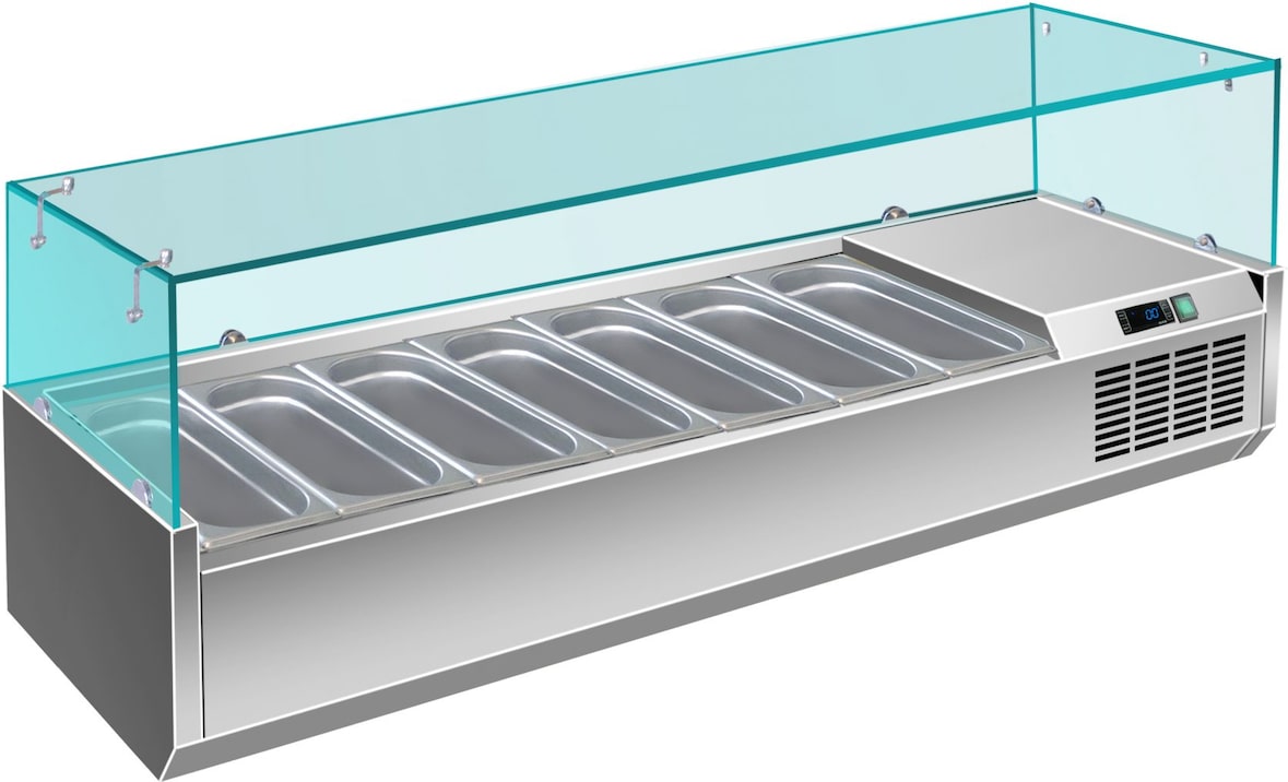 Gastro Edelstahl Kühlaufsatz Aufsatzkühlvitrine Pizzakühlaufsatz 7 x 1/3 GN mit Glasaufsatz