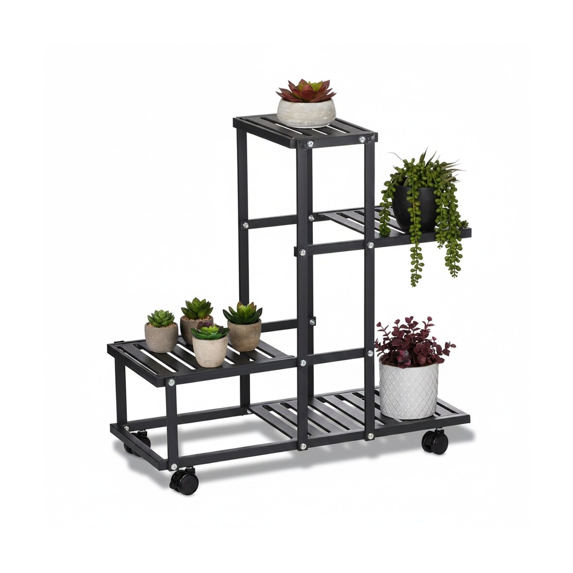 Relaxdays Blumenständer mit Rollen, HxBxT: 60,5 x 61,5 x 26 cm, Metall, 4 Ablagen, Pflanzenständer für innen, schwarz