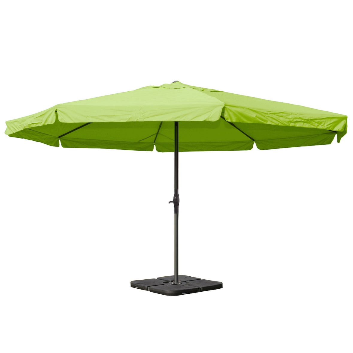 Parasol Meran Pro, horeca marktparasol met vouw Ø 5m polyester/aluminium 28kg ~ groen met standaard