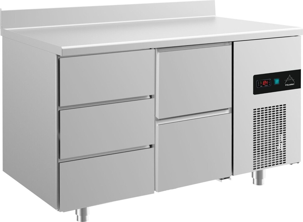 Gastro Edelstahl Kühltisch Umluft 3 links /2 Schubladen rechts Aufkantung, 1400x700x850mm -2/+8°C 281l