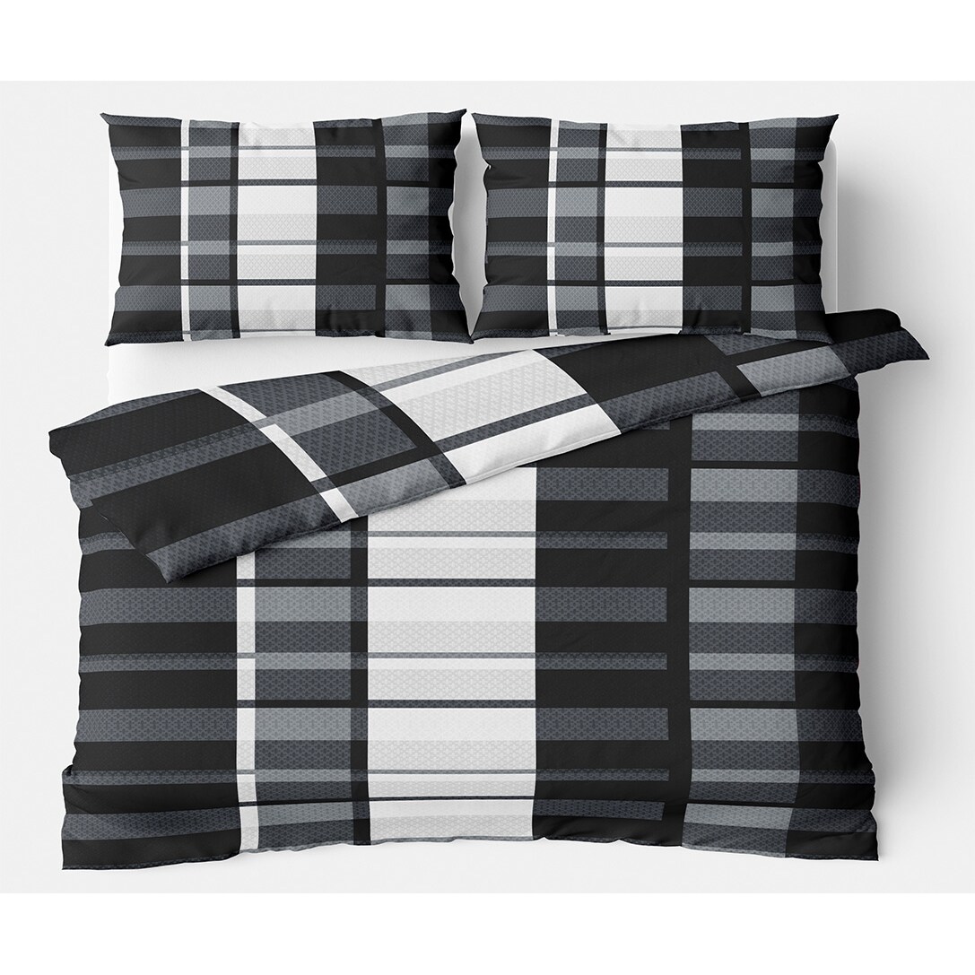 Winterbettwäsche 240x220 Fleece Gestreift Schwarz Grau Ornamente Set mit Reißverschluss