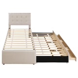 thumbnail of Merax Polsterbett, Doppelbett, Familienbett, mit drei Schubladen, ausziehbares Bett, Verstellbares Kopfteil, Beige, 90x200cm