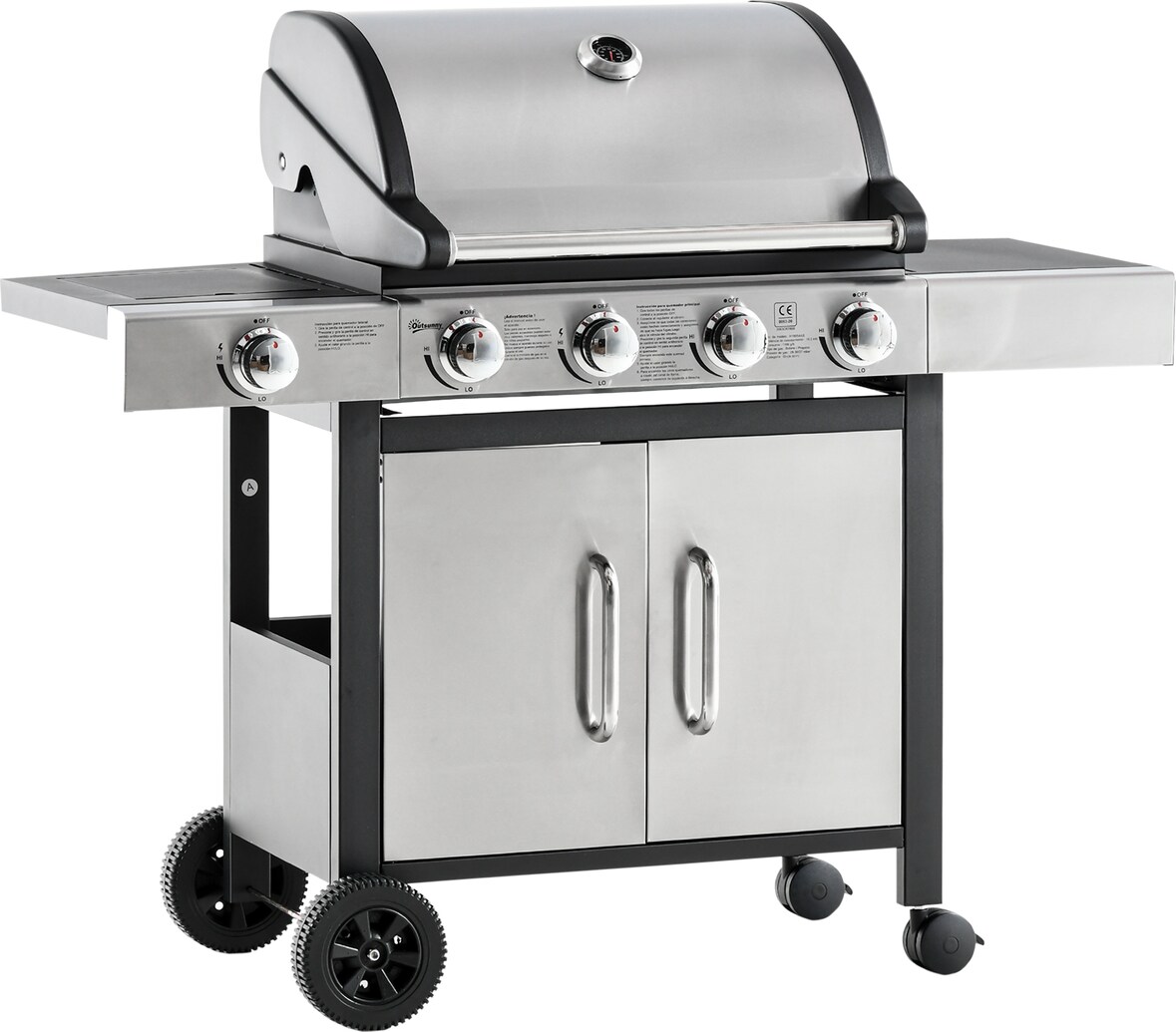 Outsunny Barbacoa de Gas de Acero BBQ con 4+1 Quemadores 15,2 KW Termómetro 2 Mesas Laterales Armario de 2 Puertas y Ruedas con Frenos 128x50x113 cm