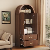 thumbnail of Merax hoge kast met LED-nis, 2 deuren, geribbelde structuur en 2 laden, walnoot, 76 x 38 x 180 cm
