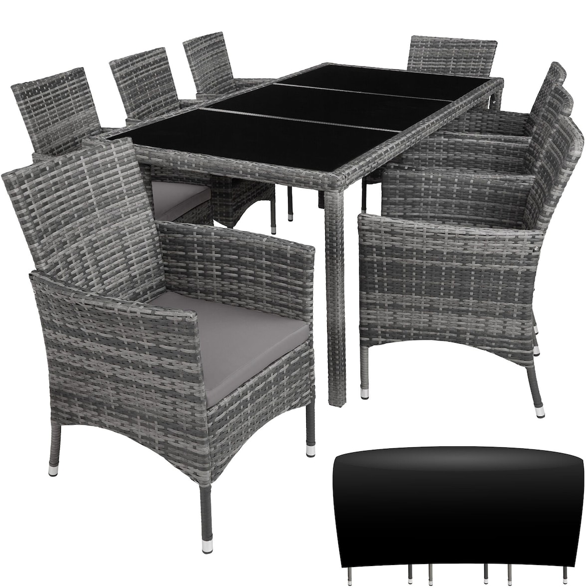 tectake Salon de jardin 8 places avec housse de protection - gris tacheté/gris - 404328