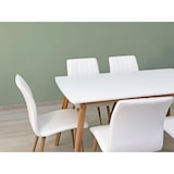 thumbnail of Uitschuifbare rechthoekige eetset met 6 gestoffeerde stoelen in ecoleer, Scandinavische stijl, poten met houtlook, voor keuken en eetkamer–RUBEN+TANIA