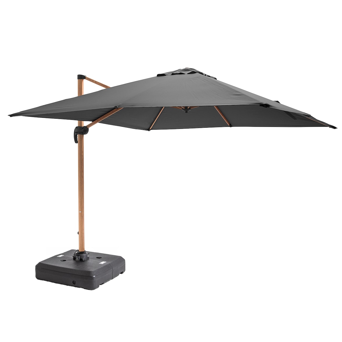Vrijhangende parasol 3×3 m kantelbaar, draaibaar en met verzwaringsplaat op wielen in houtlook grijs