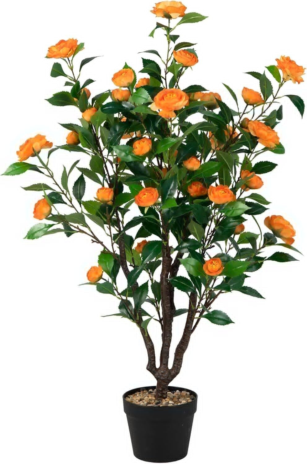 COSTWAY 100 cm Künstlicher Baum mit Blumen, Künstlicher Kamelienbaum, Kunstpflanze im Topf, Kunstblume für Zuhause Büro
