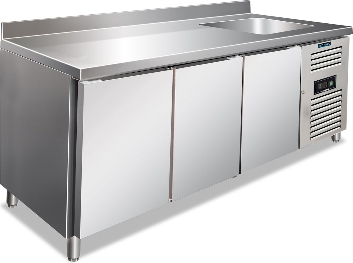 KLIMAITALIA Edelstahl-Kühltisch mit 3 Türen und Spüle. Klasse B tropisierte automatische Abtautemperatur -2°C/+8°C.  Maße LxWxH 202x70x96 cm. CLV3200T
