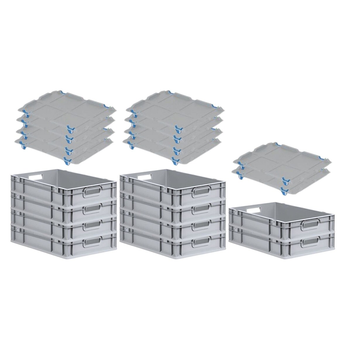 PROREGAL SparSet 10x Eurobox NextGen Economy mit Auflagedeckel & 4x Verschlüsse Blau, Griffe offen, HxBxT 12x40x60cm, 23L, Eurobehälter, Box