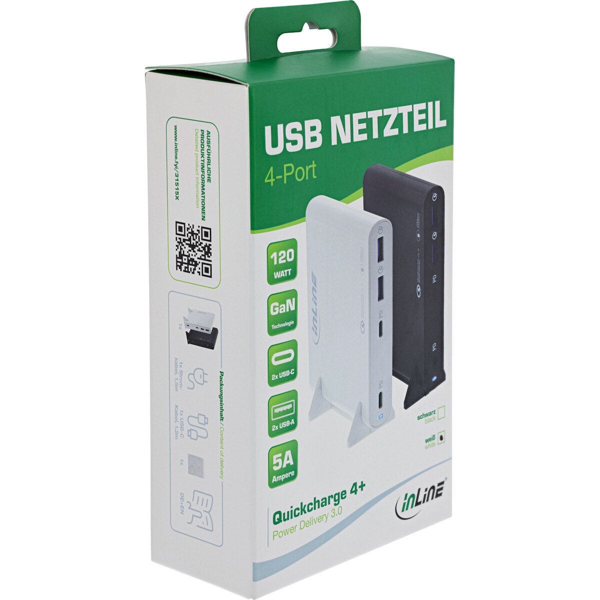 InLine USB Netzteil, GaN Ladegerät, 4-Port, 2x USB-C + 2x USB-A, 120W, weiß