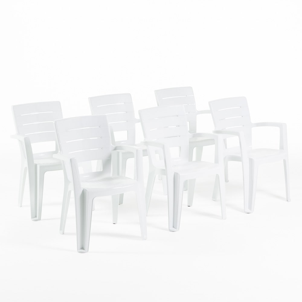 Set van 6 monoblock stoelen ANITA van polypropyleen met glasvezel, houtlook, stapelbaar voor buiten en tuin, bar en restaurant – Wit