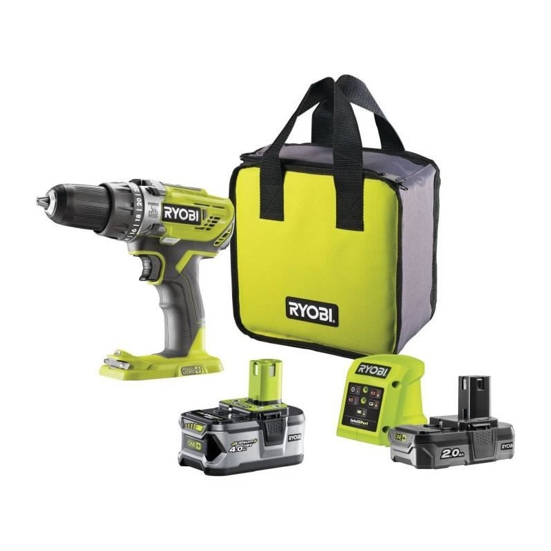 RYOBI - Perceuse-visseuse a percussion 18V ONE+ 50 Nm + 2 batteries 4 & 2 Ah, chargeur - Livrée en sac de transport - R18PD3-24
