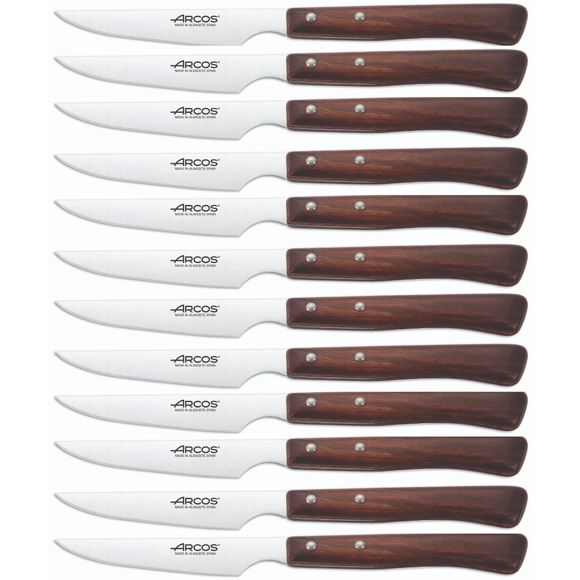 Arcos Table Messer - Box 12 Stück Steakmesser Tafelmesser - Klinge Nitrum Edelstahl 110 mm - HandGriff Pack-Holz Farbe Braun (12 pcs)