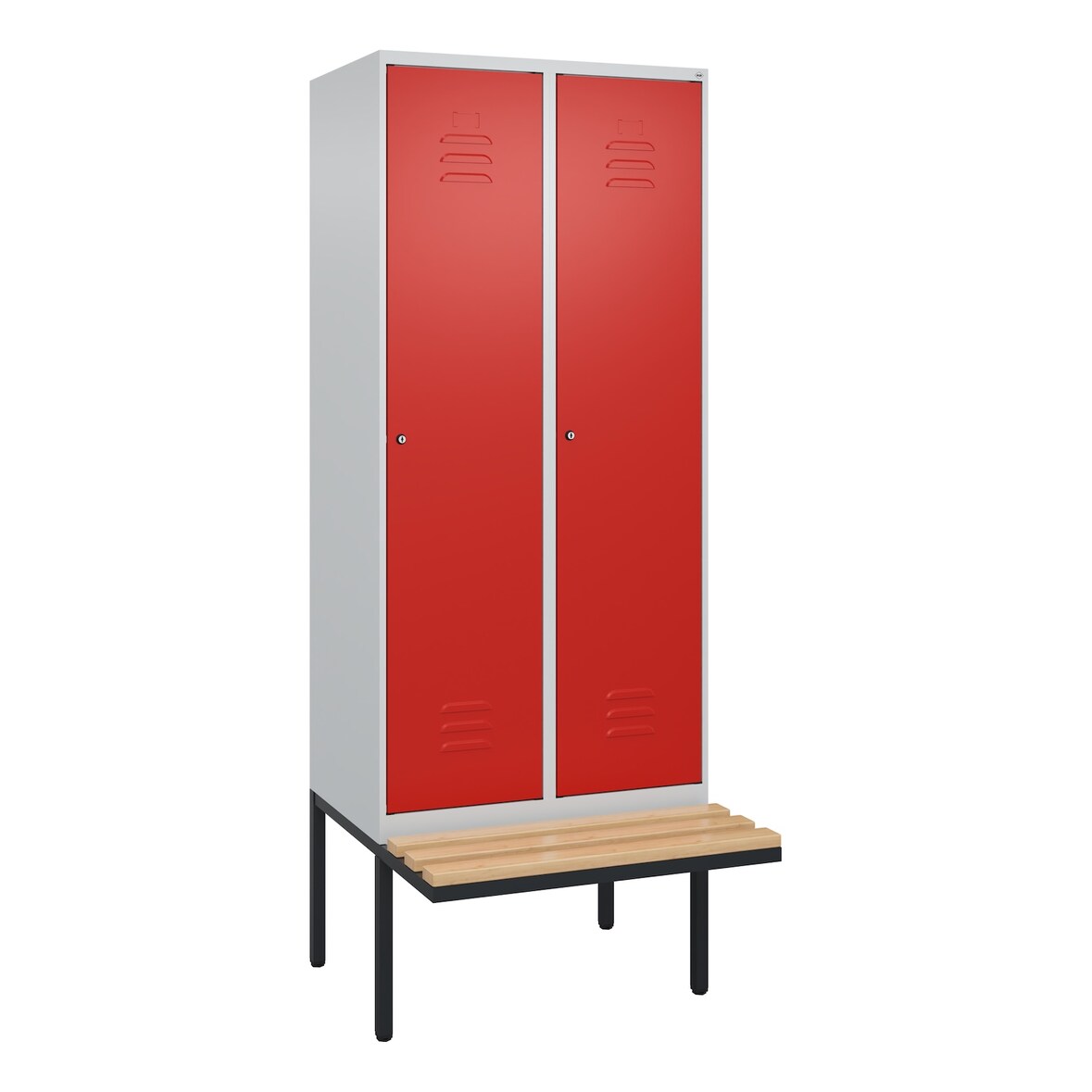 C+P Spind Classic PLUS, schwebender Sitzbank aus Buche 2 Abteile, HxBxT 212x80x82cm, Zylinderschloss, Hellgrau/Rot von PROREGAL