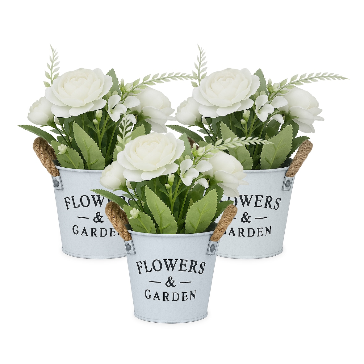 Relaxdays Kunstblumen im Topf, 3er Set künstliche Pflanzen, Dekoblumen, lebensechte Plastikblumen, HxD: 21 x 18 cm, weiß