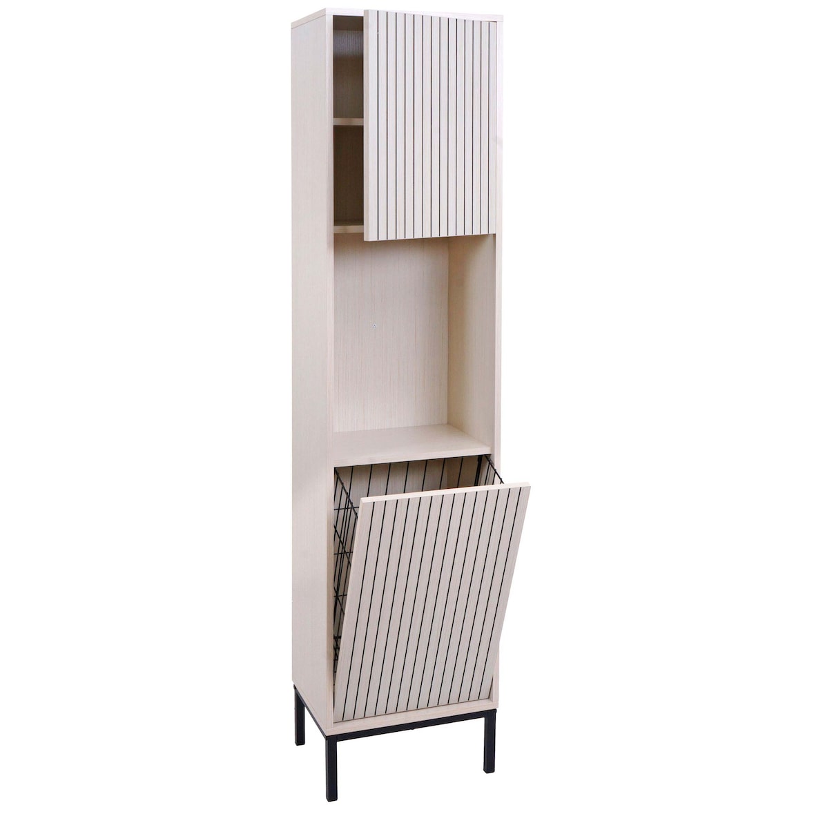 Hochschrank HWC-O42, Badschrank Badregal Badezimmer Schrankfächer Wäschekorb, MDF Melamin 174x39x30cm ~ Holzoptik beige