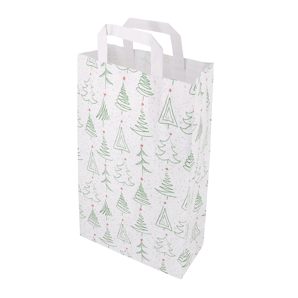 Kraftpapier-Tragetaschen M, 22 x 10 x 36 cm, Tannenbäume, weiß