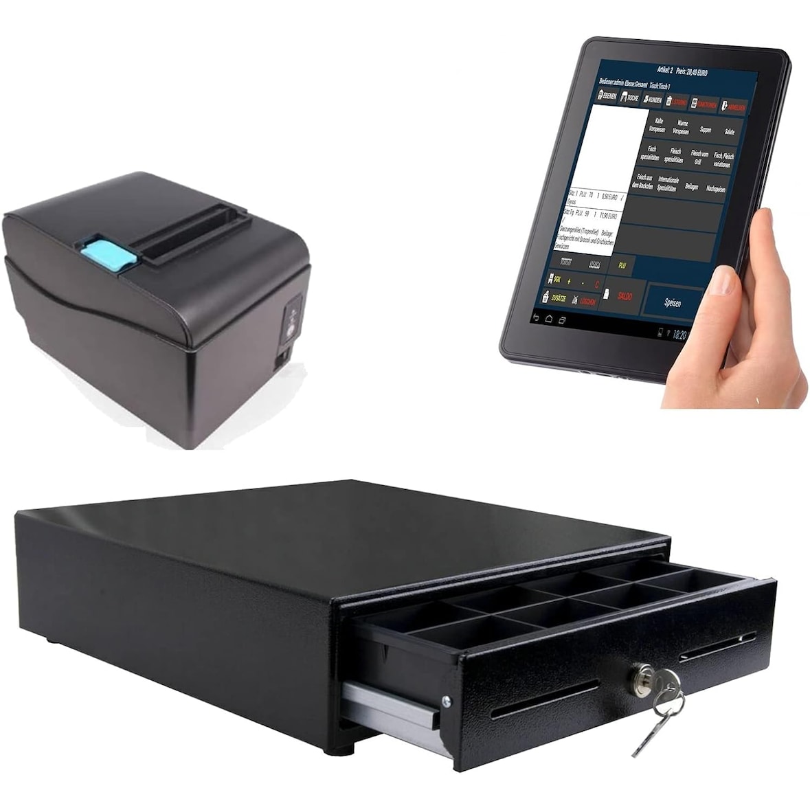 Mobiles Kassensystem für GASTRONOMIE: 10" Touchscreen Terminal, Bondrucker, Geldlade