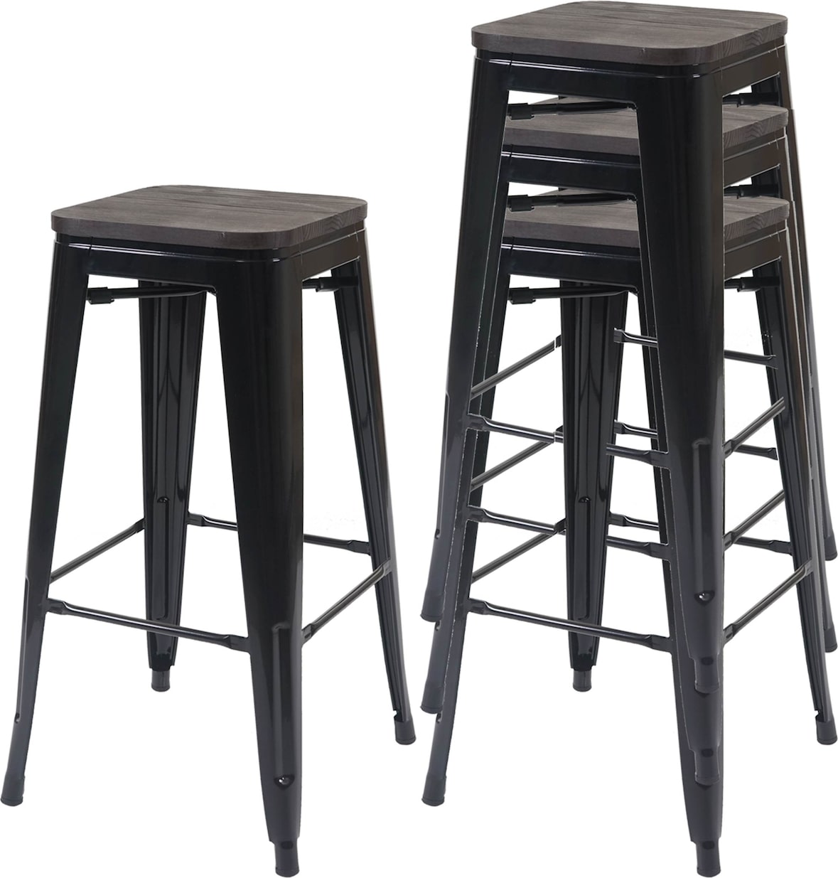 Décoshop26 - Set aus 4 stapelbaren Barhockern im Industriedesign mit Holzsitzen und schwarzen Metallgestellen 04_0007579