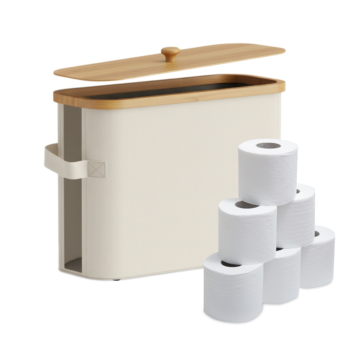 Relaxdays Toilettenpapier Aufbewahrung, 12 Rollen, HxBxT: 33 x 45 x 16 cm, Stoff, Bambus, Klopapier Korb, Vorrat, beige