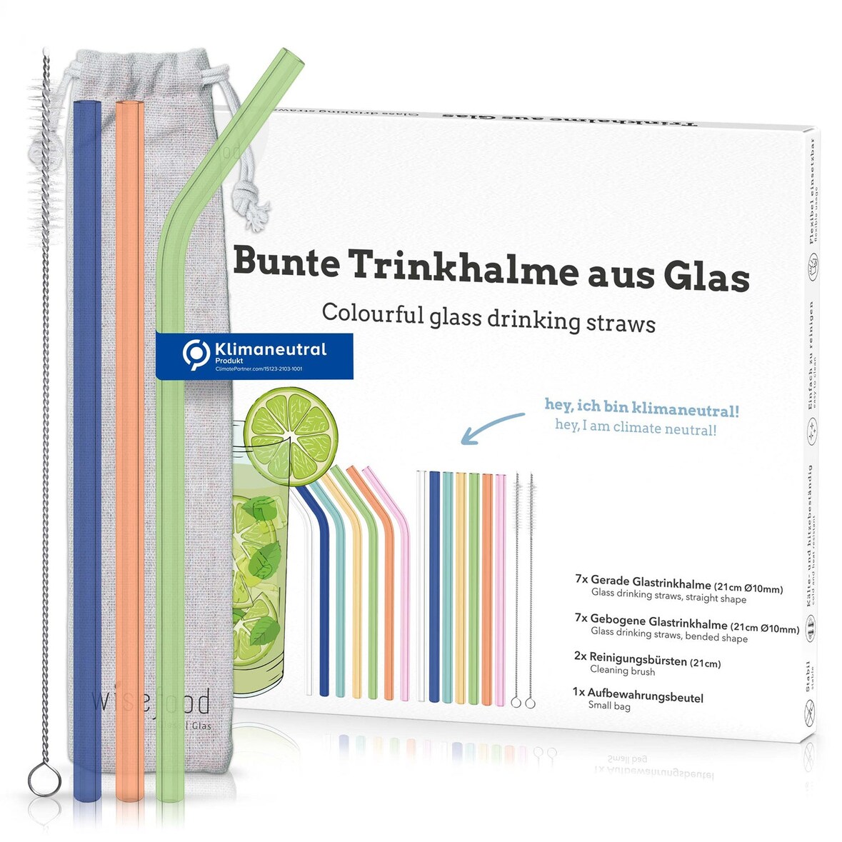 WISEFOOD 14 Halme + 2 Bürsten (1 Set) - Glas Trinkhalm Set bunt: 14 Halme + 2 Bürsten