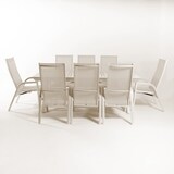 thumbnail of Conjunto de mesas e cadeiras de exterior, empilháveis, Alumínio e têxtil, Branco envelhecido, Mesa: 170x100x75 Cadeiras: 70x57x110