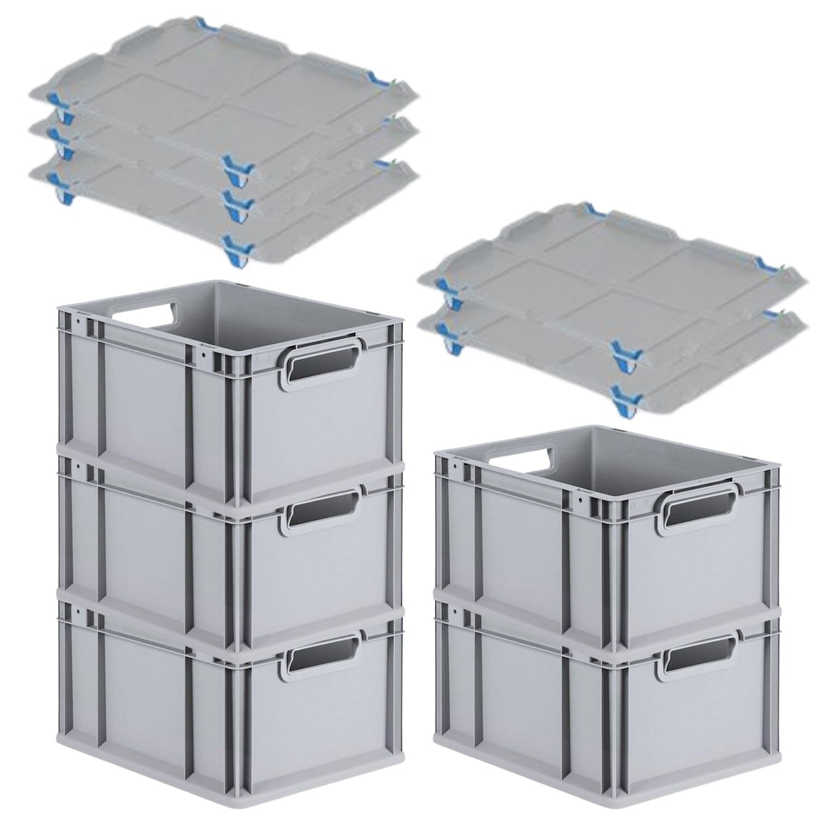 PROREGAL SparSet 5x Eurobox NextGen Grip mit Auflagedeckel & 4 blauen Verschlüssen, HxBxT 22x30x40cm, 20L, Grau, Griffe offen, Eurobehälter