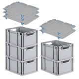thumbnail of PROREGAL SparSet 5x Eurobox NextGen Grip mit Auflagedeckel & 4 blauen Verschlüssen, HxBxT 22x30x40cm, 20L, Grau, Griffe offen, Eurobehälter