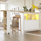 thumbnail of Ausziehbarer Bartisch 205x39x100 cm mit Stauraum Schiebetür Glas Rollen mit Bremsen mit LED-Beleuchtung USB Anschluss Weiß MDF