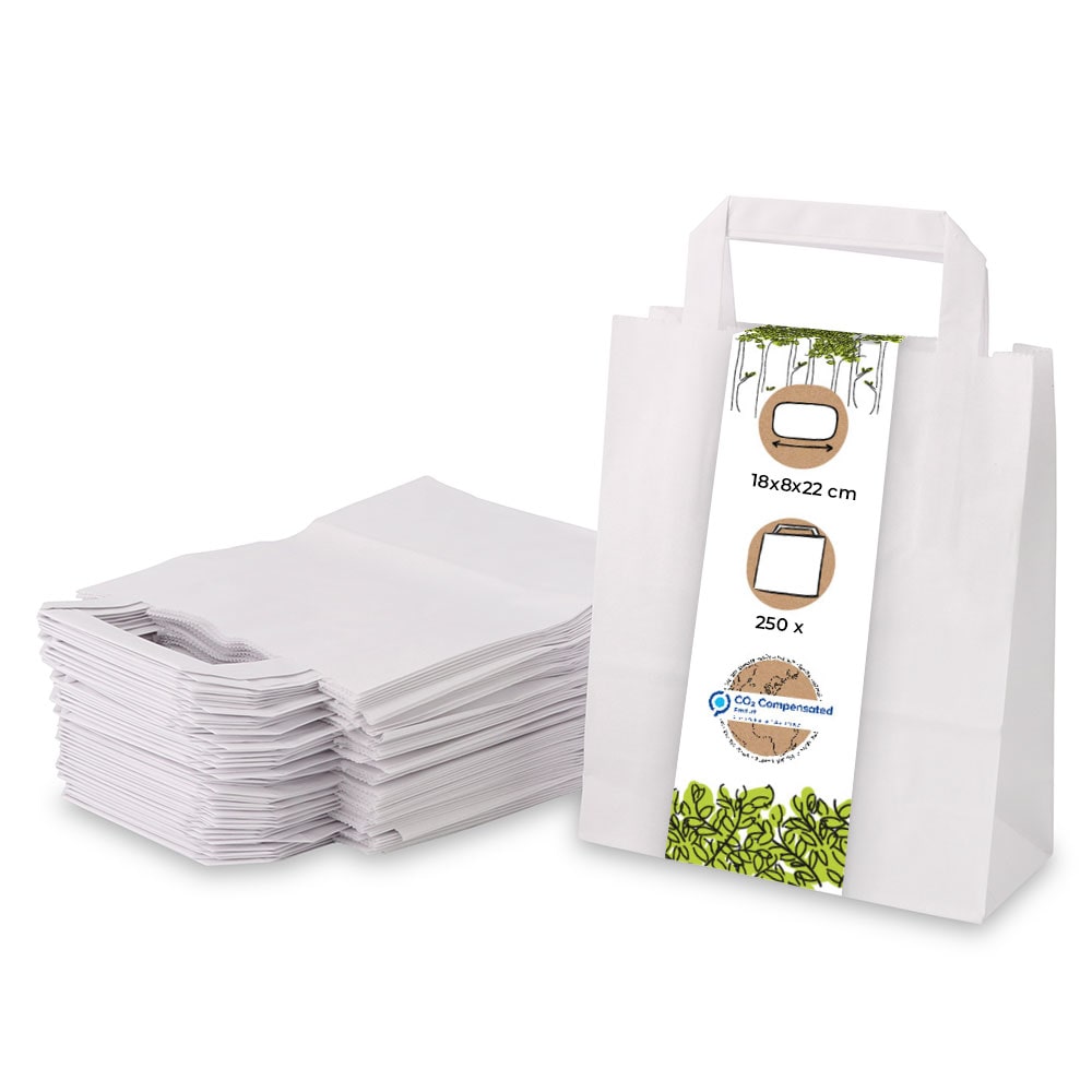 BIOZOYG 250 Stück Tragetasche S 18 x 8 x 22cm Papiertüte reißfest weiß kompostierbar Einkaufstasche Papiertasche Einkaufstüte umweltfreundlich