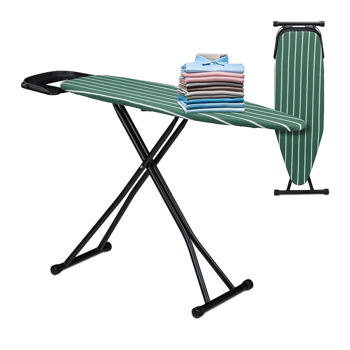Relaxdays Bügelbrett für Dampfbügeleisen, 121 x 39 cm, höhenverstellbar, klappbar, Ablage, Bügeltisch, grün/schwarz