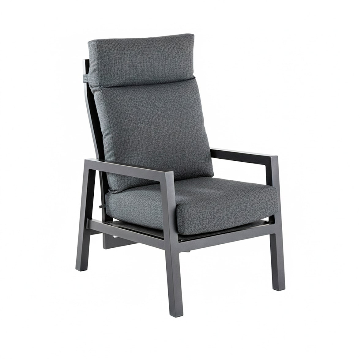 Poltrona para jardim reclinável com sistema hidráulico, em alumínio preto e almofadas cinzentas