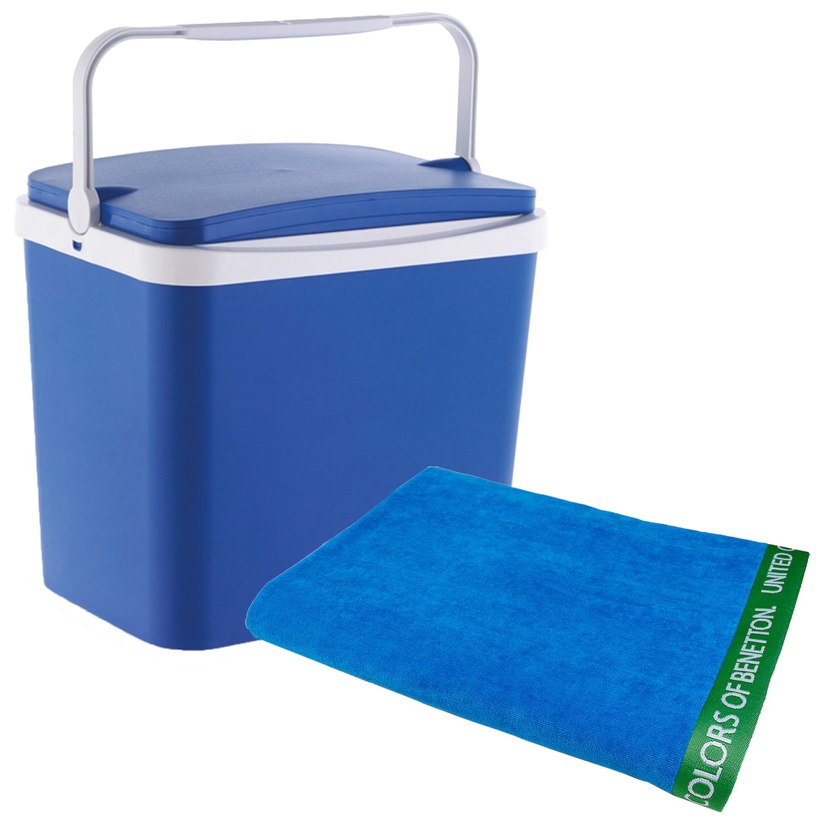 Kühltasche 24 Liter und Handtuch 90 x 160 cm, 380 g/m² Velours, 100 % Baumwolle, Blau