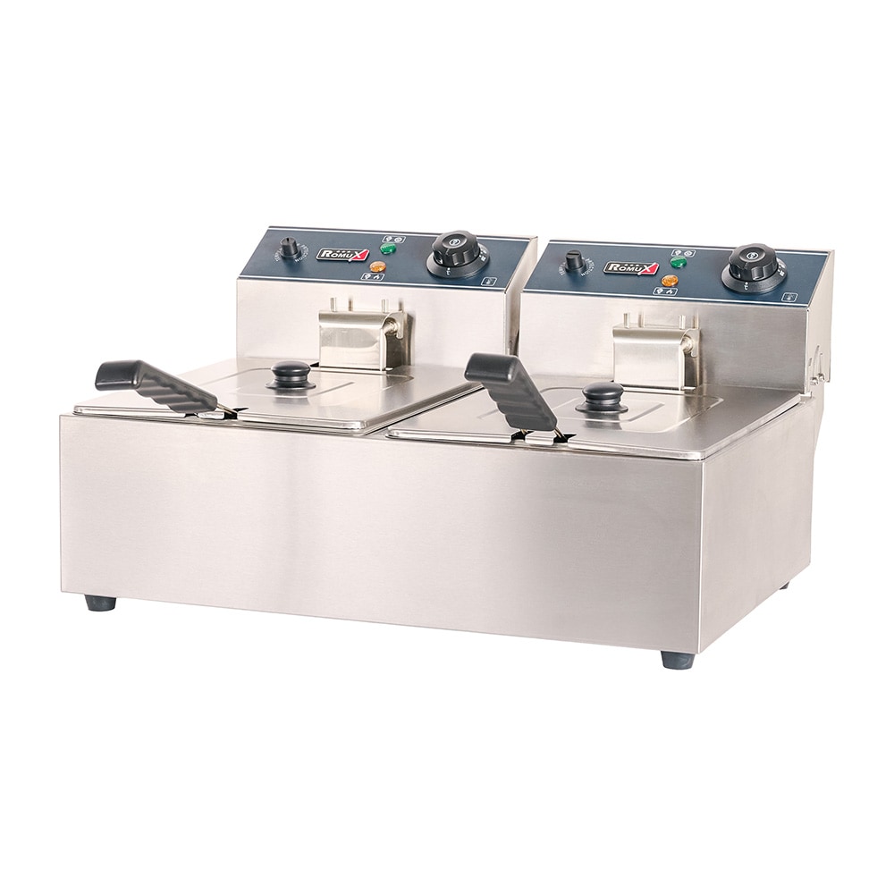 Romux® Freidora Industrial Eléctrica 6+6 Litros Doble Sobremesa | Freidora Profesional de Aceite en Acero Inox 5000 W Termostato Alta Precisión