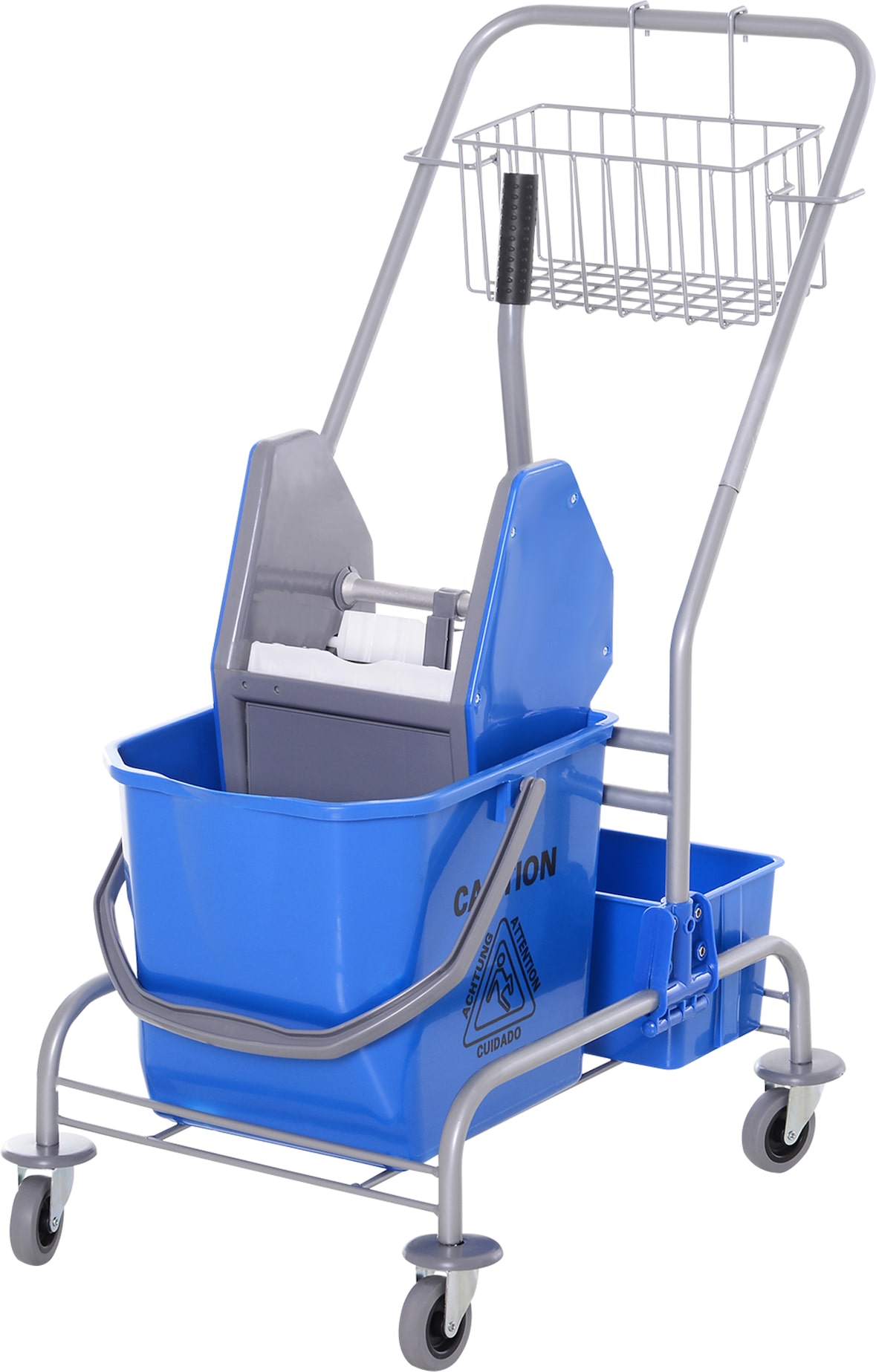 Reinigungswagen Putzwagen 72x50x95 cm Blau mit 25 Liter Eimer Auswringvorrichtung Korb und Ablage vier Rollen ergonomischer Griff